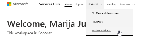 Lista desplegable del mantenimiento de TI en el Services Hub de los incidentes de servicio.