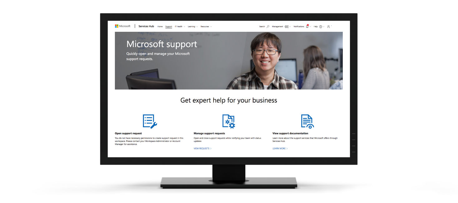 Un equipo con Microsoft Services Hub en la pantalla.