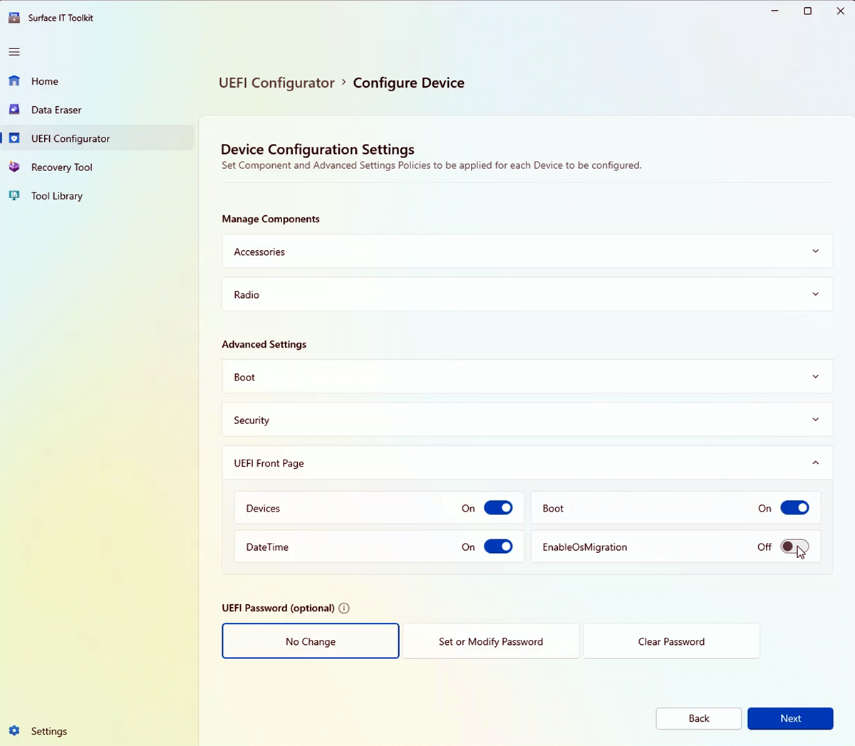 Captura de pantalla que muestra cómo habilitar la configuración UEFI de migración del sistema operativo en Surface Hub 2S.