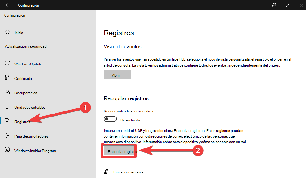 Acceso a registros desde Surface Hub