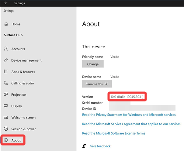 Imagen en la que se muestra dónde encontrar el número de compilación actual del sistema operativo Surface Hub.