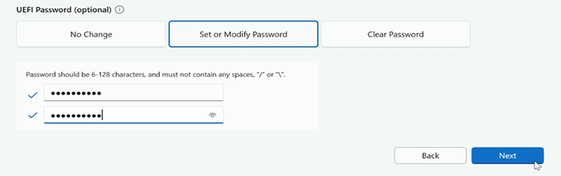 Captura de pantalla de la configuración de la contraseña de UEFI para Surface Hub.