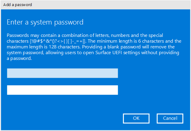 Agrega una contraseña para proteger la configuración de UEFI de Surface.