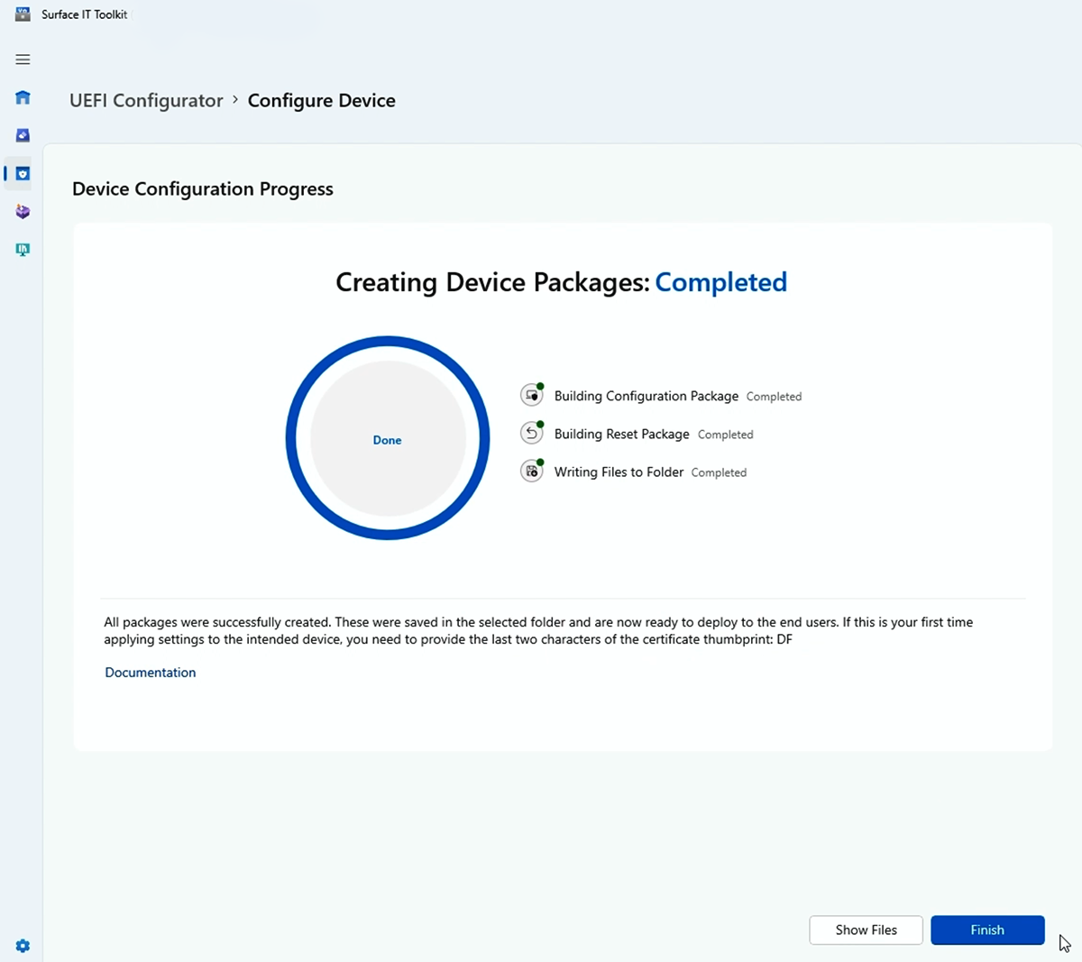 Captura de pantalla de la configuración completada para el paquete de dispositivo.