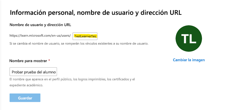 Nombre de usuario del perfil de Learn