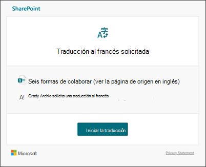 Imagen de una solicitud de traducción enviada por correo electrónico.