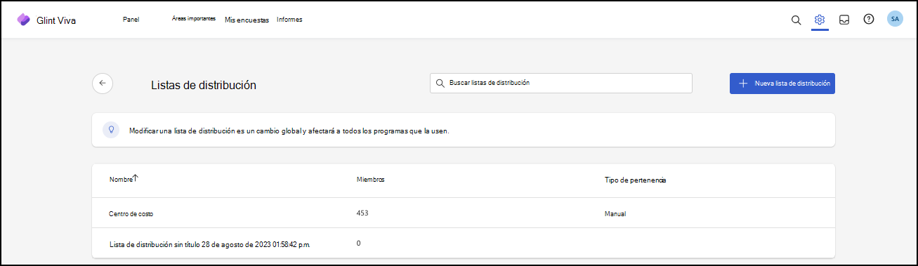 Captura de pantalla de la ventana Lista de distribución.