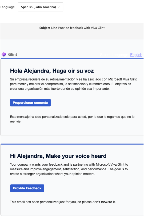 Captura de pantalla de una vista previa de correo electrónico para un correo electrónico en doble idioma con secciones en español e inglés.