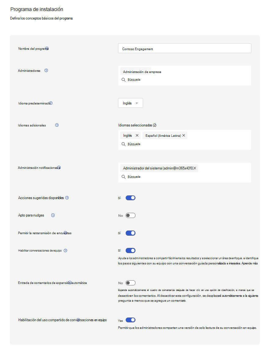 Captura de pantalla de Viva Glint programa de instalación de la encuesta, que muestra las características y la configuración que un administrador puede configurar para una encuesta.