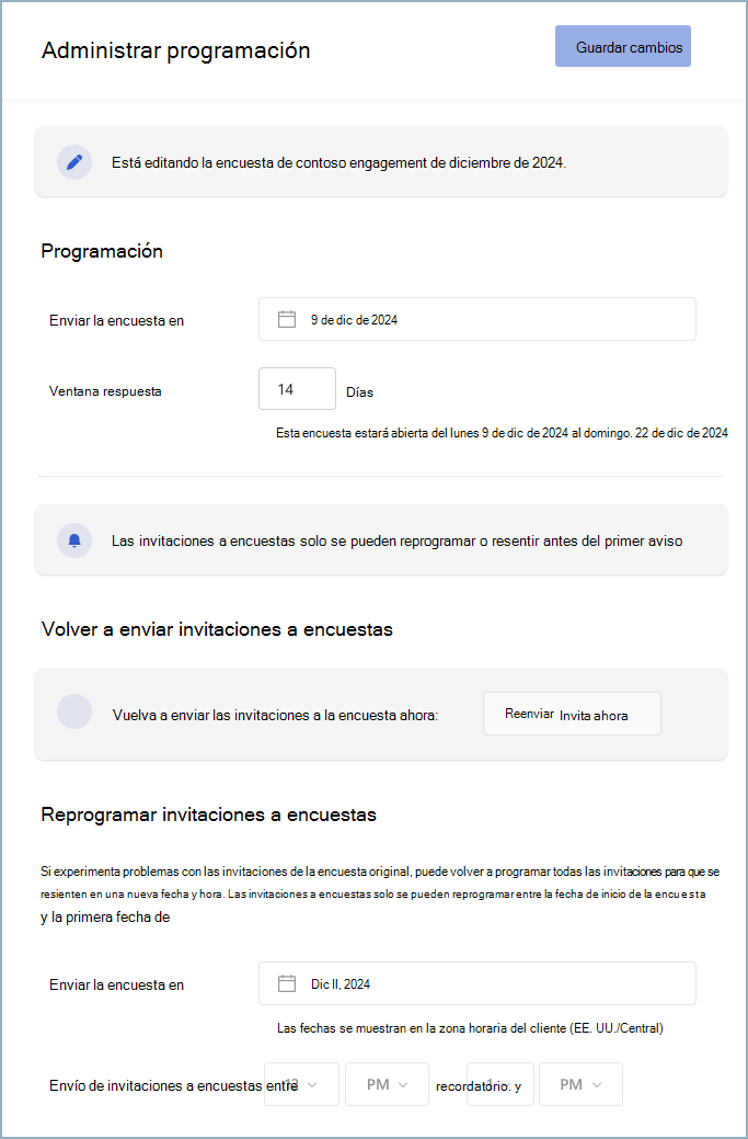 Captura de pantalla de la característica Administrar la programación & invitaciones para una encuesta de Viva Glint en directo.