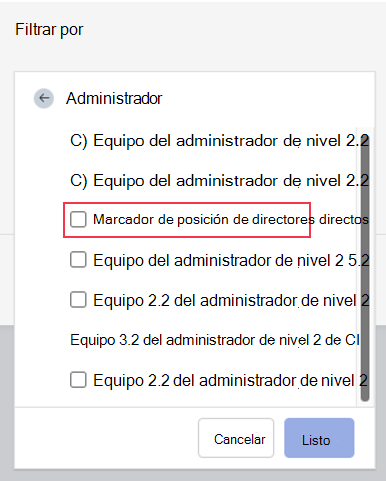 Captura de pantalla de filtros de jerarquía de administradores en Glint informes, con un ceo de marcador de posición como usuario de nivel superior y varios directores ejecutivos como administradores de nivel 2.