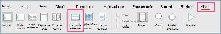 Captura de pantalla del patrón de diapositivas de PowerPoint en la barra de menús Ver.