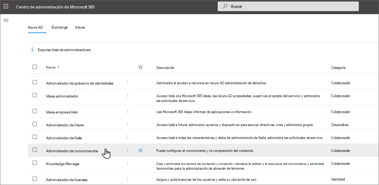 Imagen de knowledge Administración seleccionada en la pestaña Microsoft Entra ID.