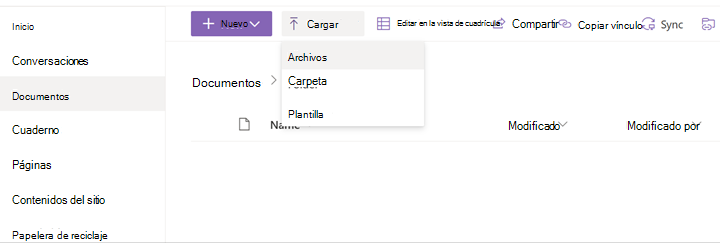 Captura de pantalla que muestra el menú Cargar en SharePoint.