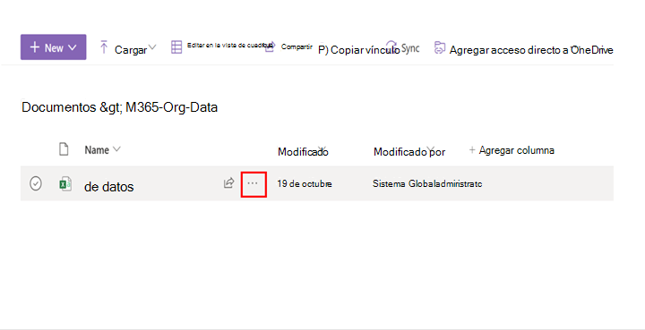 En una captura de pantalla se muestra la opción de puntos suspensivos junto a un archivo en una biblioteca de SharePoint. 