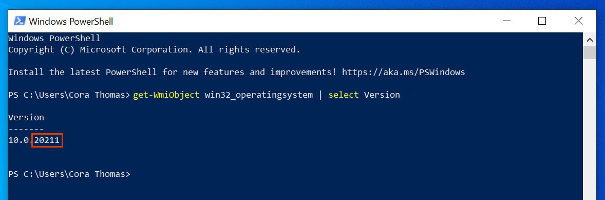 Windows PowerShell ejecutar este comando para comprobar la versión, resaltando que está en la compilación 20211.