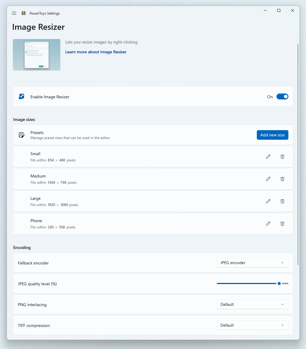 Configuración de Image Resizer de PowerToys