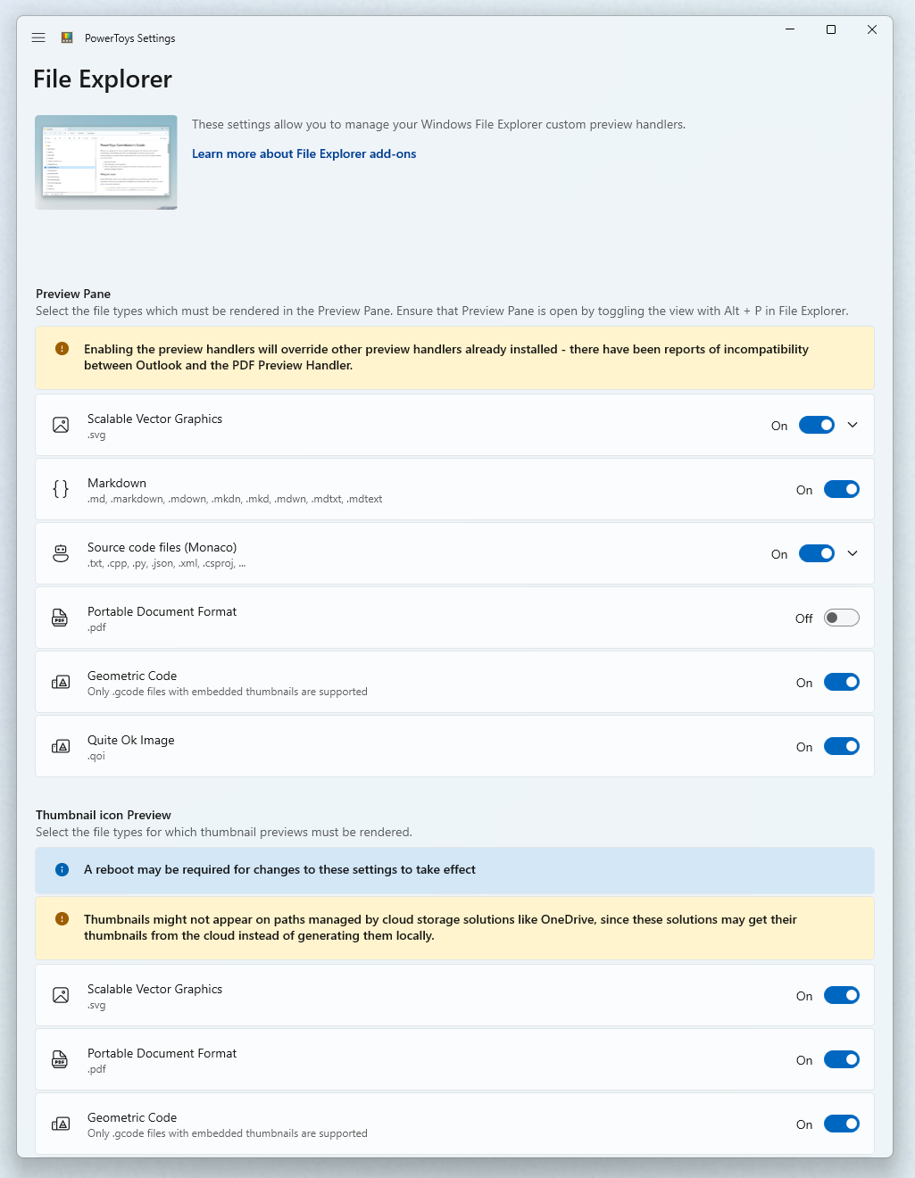 Captura de pantalla de la configuración de PowerToys para habilitar File Explorer