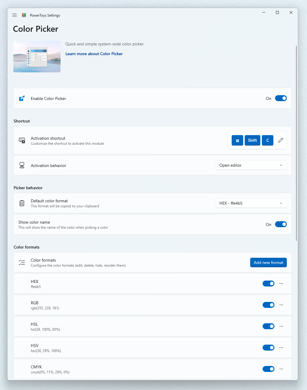 ColorCaptura de pantalla de la configuración de Color Picker