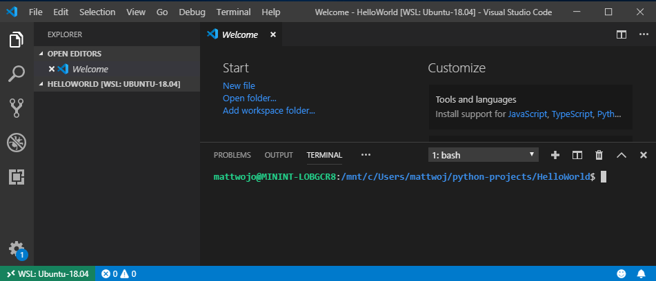 VS Code con el terminal de WSL