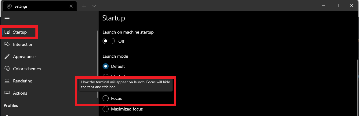 Selector del modo de enfoque en Configuración de inicio de Terminal Windows