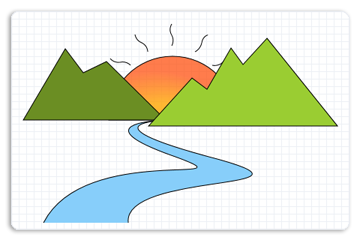 ilustración de un río, montañas y el sol, mediante geometrías de trazado