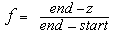 Ecuación que muestra el valor del factor de fusión en GL_LINEAR modo de niebla como función de la distancia.