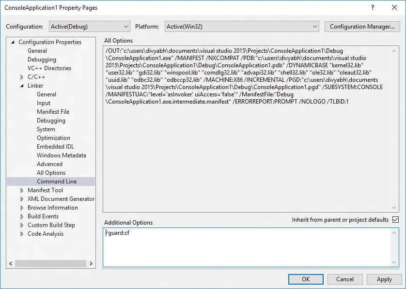 Captura de pantalla de la configuración de compilación de las opciones adicionales de la línea de comandos del vinculador en Visual Studio con la propiedad establecida en /guard:cf