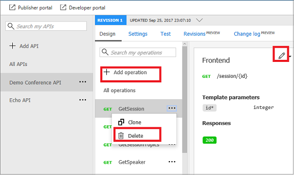 Captura de pantalla que resalta el proceso de edición de una API en API Management.