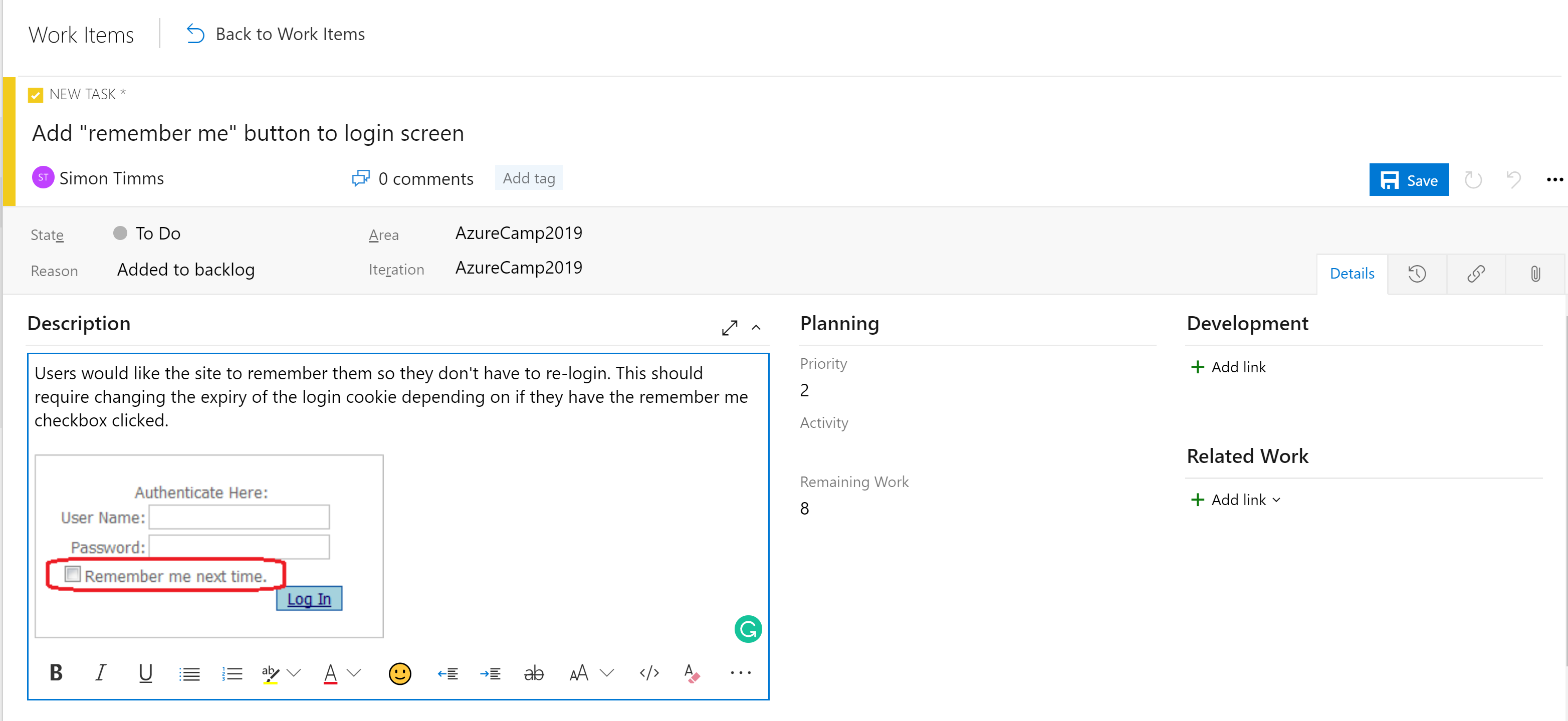 Figure 10-5 An example task in Azure DevOps