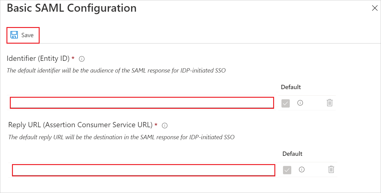 Captura de pantalla que muestra la configuración básica de SAML, donde se puede escribir el identificador y la dirección U R L de respuesta y seleccionar Guardar.