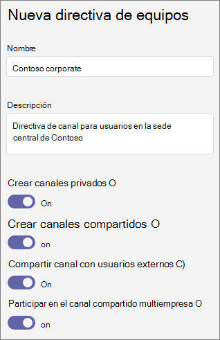 Captura de pantalla de la configuración de directivas de teams.