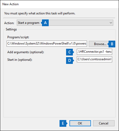 Configuración de acciones para crear una nueva tarea programada para el script del conector de RR. HH.