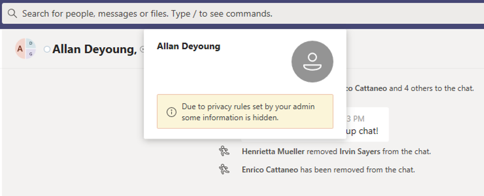 Captura de pantalla de Teams que alerta al usuario de que la directiva impide la visualización de la información de otro usuario.