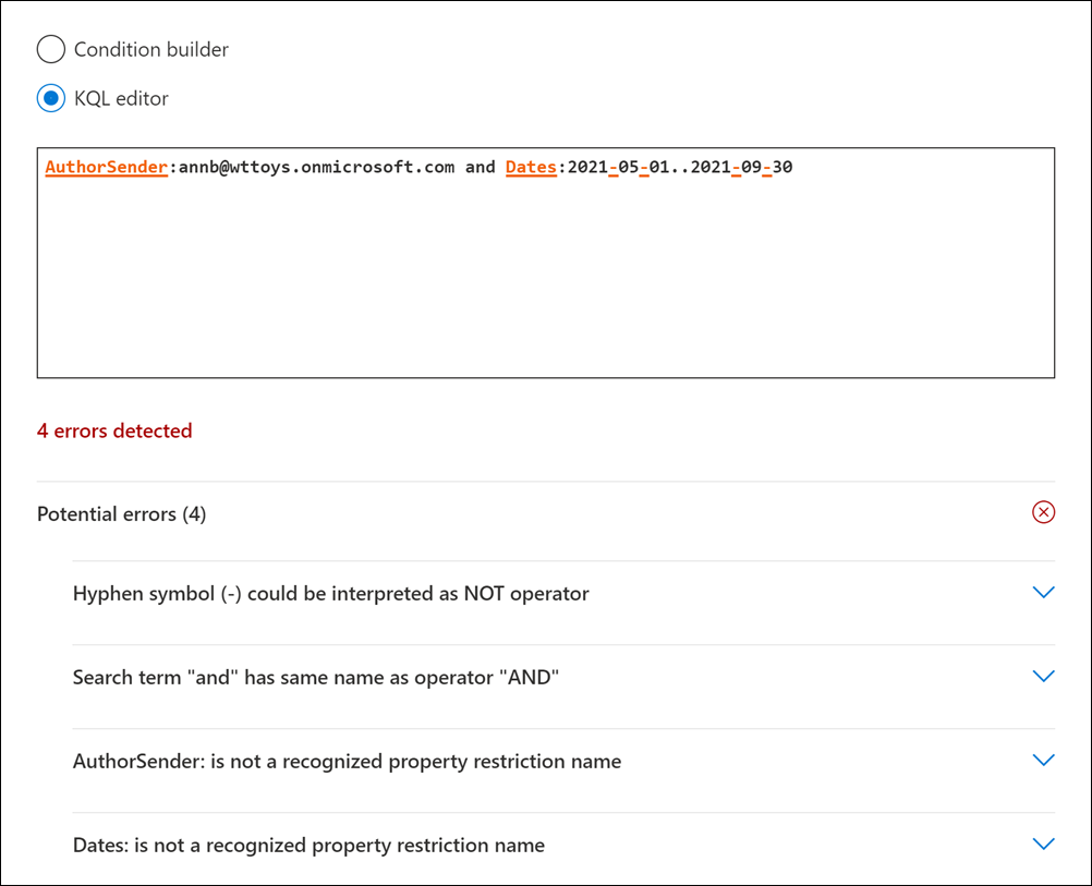 Detección de errores del editor de KQL