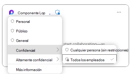 Microsoft Loop componente que muestra etiquetas de confidencialidad para proteger los datos del componente.