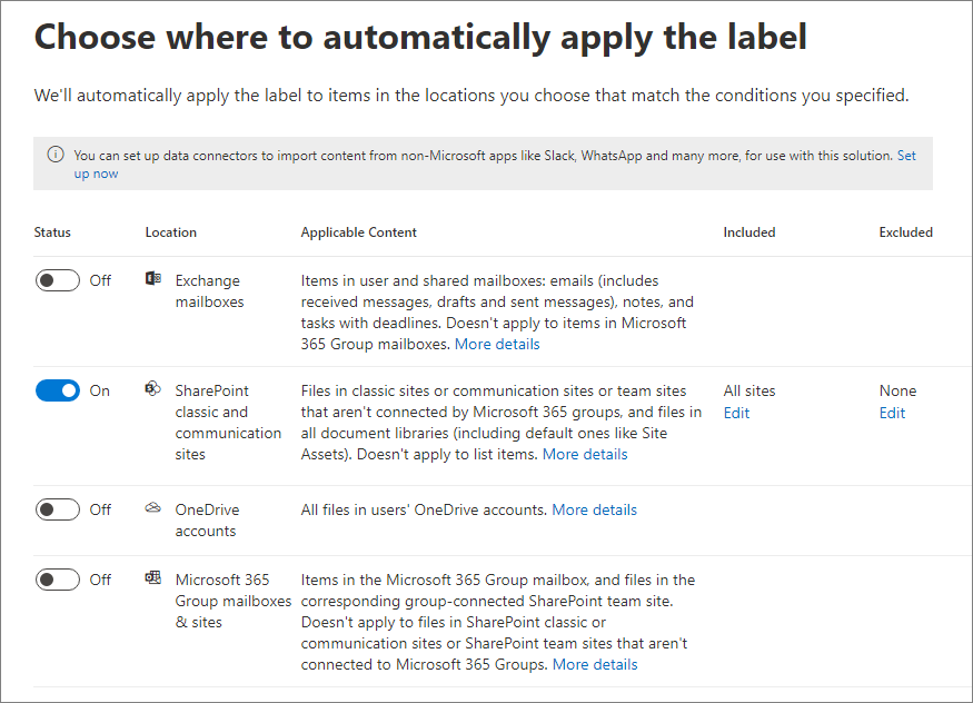 Elija Sitios de SharePoint para aplicar automáticamente la etiqueta.