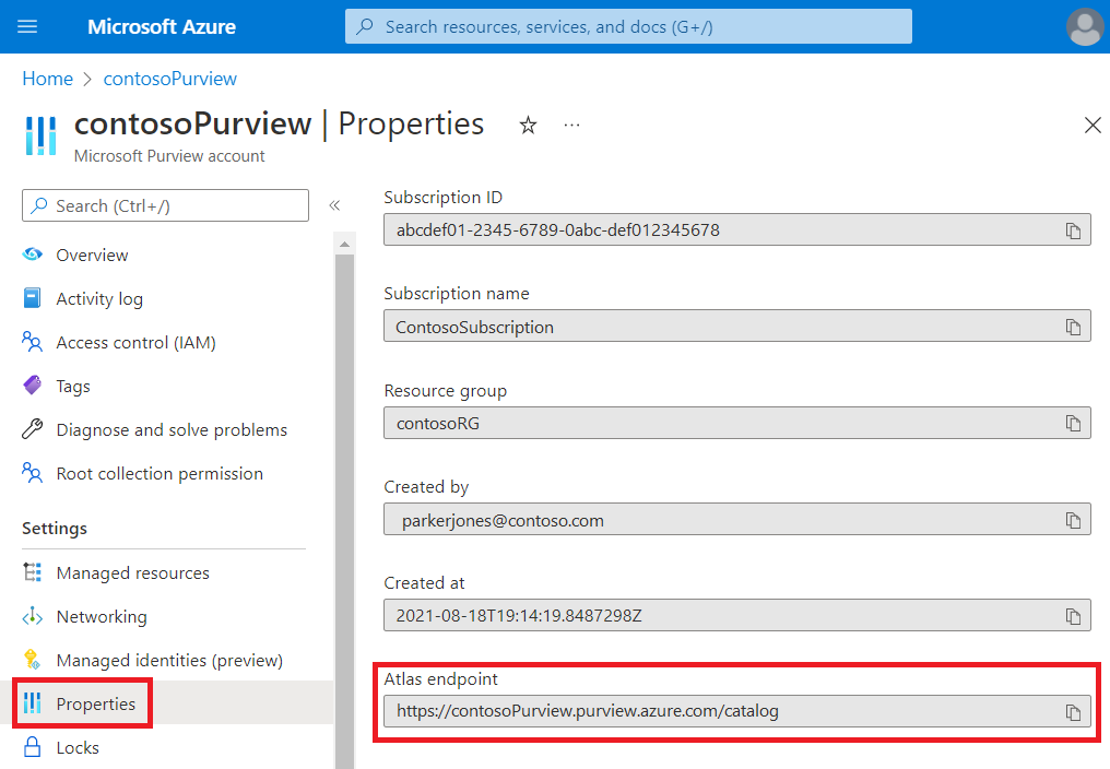 Captura de pantalla de la página de propiedades de Microsoft Purview con el cuadro Punto de conexión de Atlas resaltado.