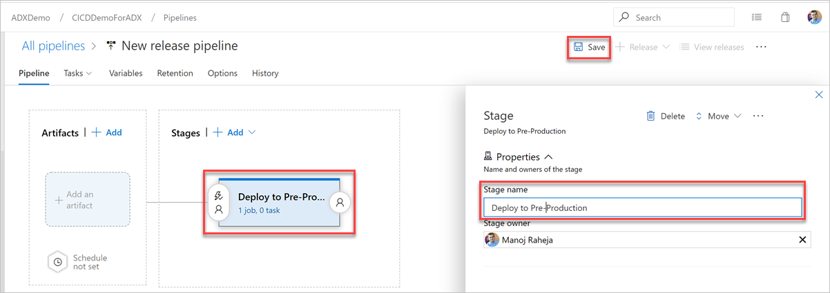 Screenshot showing how to name the pipeline stage.