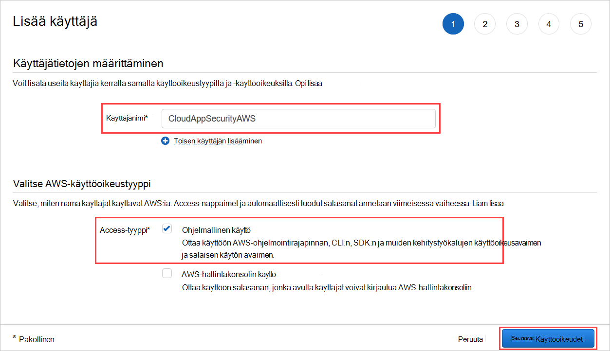 Luo käyttäjä AWS:ssä.