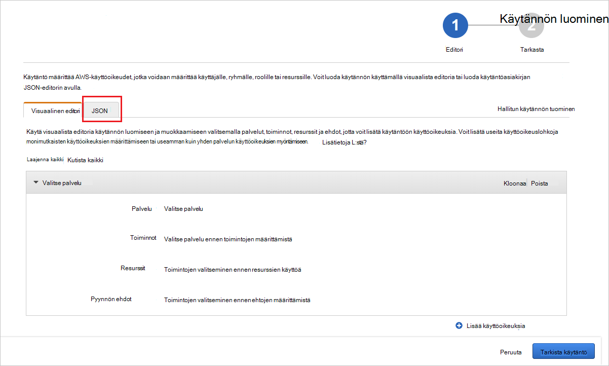 AWS JSON -välilehti.