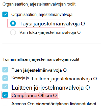 Edellytettävät Webex-roolit.