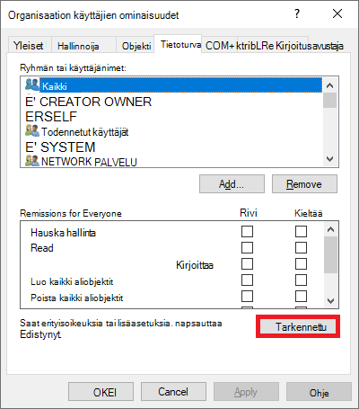 Näyttökuva suojausasetusten lisäasetuksista.