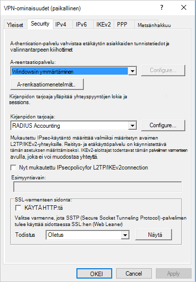 Näyttökuva Suojaus-välilehdestä.