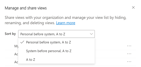 Näyttökuva Hallitse ja jaa näkymiä -paneelista, jossa näkyvät näkymän valitsimen lajitteluvaihtoehdot.