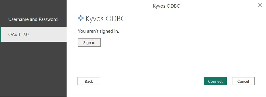 OAuth2_0 näyttökuva, jossa näkyy Kyvosin ODBC-liitinvalinta.