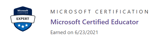 Näyttökuva, jossa näkyy Microsoft Certified Educator -sertifioinnin saavutuksen