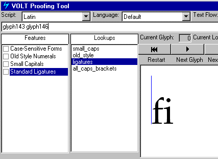 Screenshot of the Proofing Tool window with Standard Ligatures feature and ligatures lookup highlighted.
