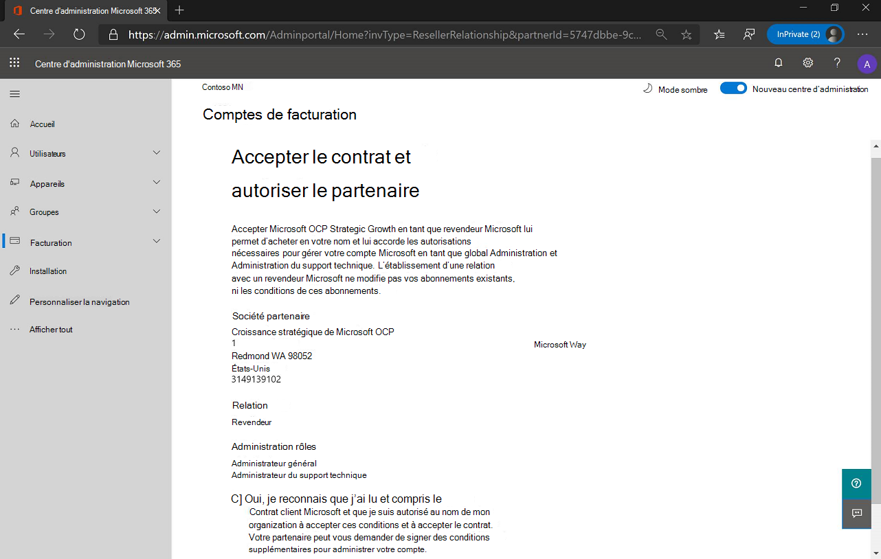 Capture d’écran de la page Accepter le contrat et autoriser le partenaire - droits d’administrateur délégués.