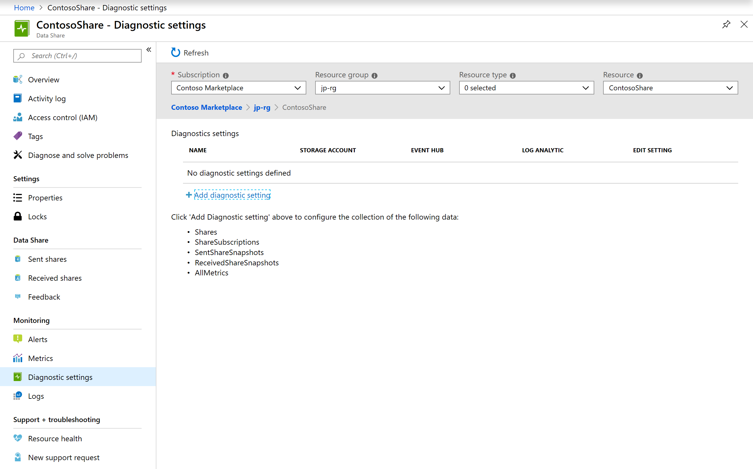 Capture d’écran montrant la page Paramètres de diagnostic dans le portail Azure.